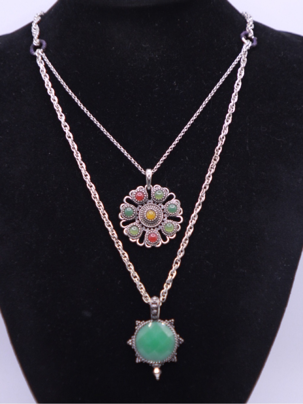 Lucky Brand Silver Layered Necklace with Green, Red and Yellow Accents